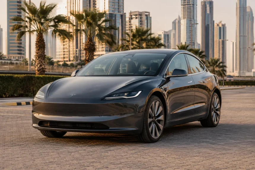 Tesla Model 3 الجديدة على طريق حضري في مدينة خليجية