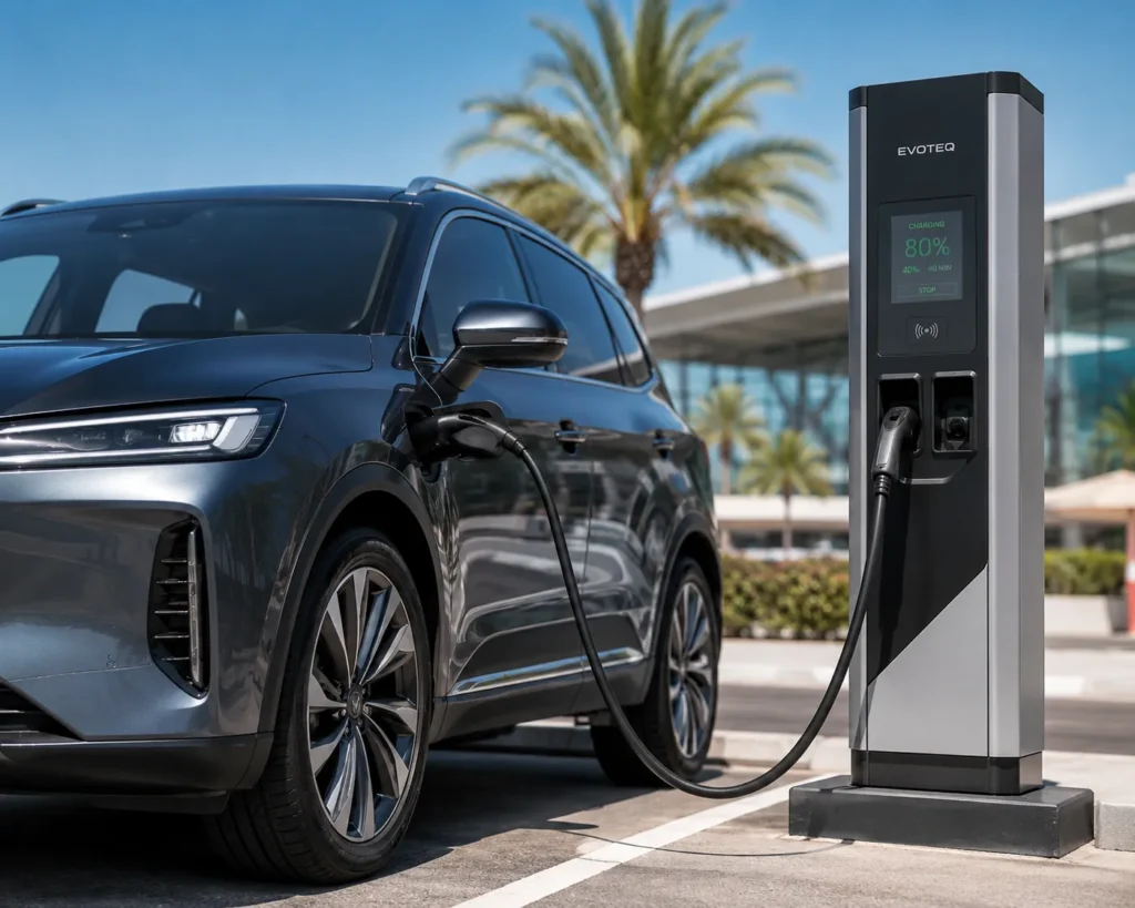 سيارة SUV كهربائية عائلية أثناء توصيلها بمحطة شحن عامة في طقس الإمارات المشمس، مما يبرز أهمية أنظمة تبريد البطارية في الصيف.