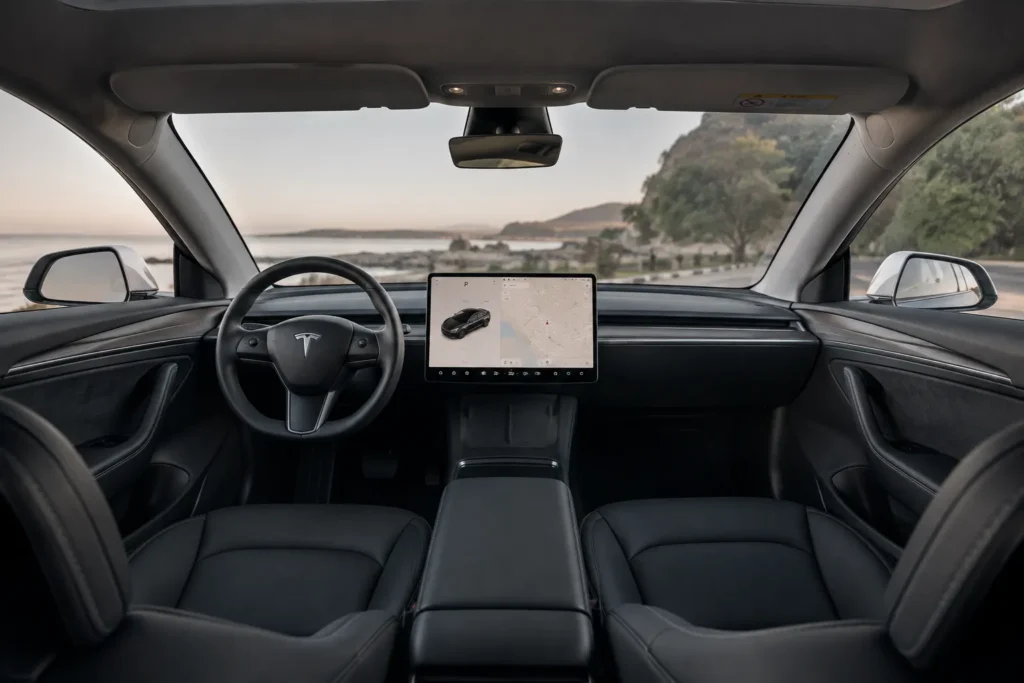 المقصورة الداخلية لسيارة Tesla Model 3 والشاشة المركزية