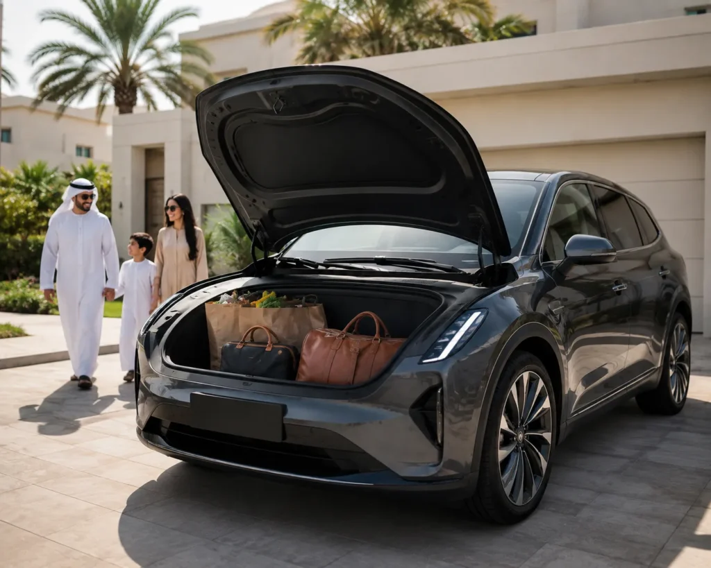 الصندوق الأمامي (Frunk) لسيارة SUV كهربائية يحتوي على حقائب سفر، مما يعكس المساحة التخزينية الإضافية للسيارات الخالية من محركات الاحتراق.