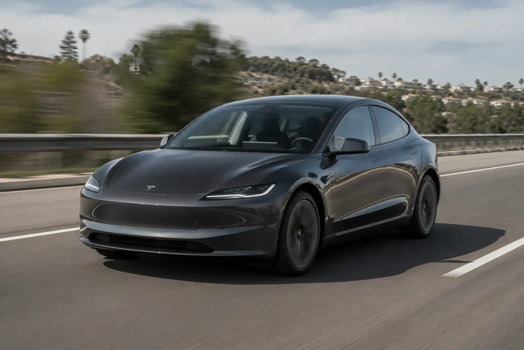 Tesla Model 3 أثناء القيادة على طريق سريع