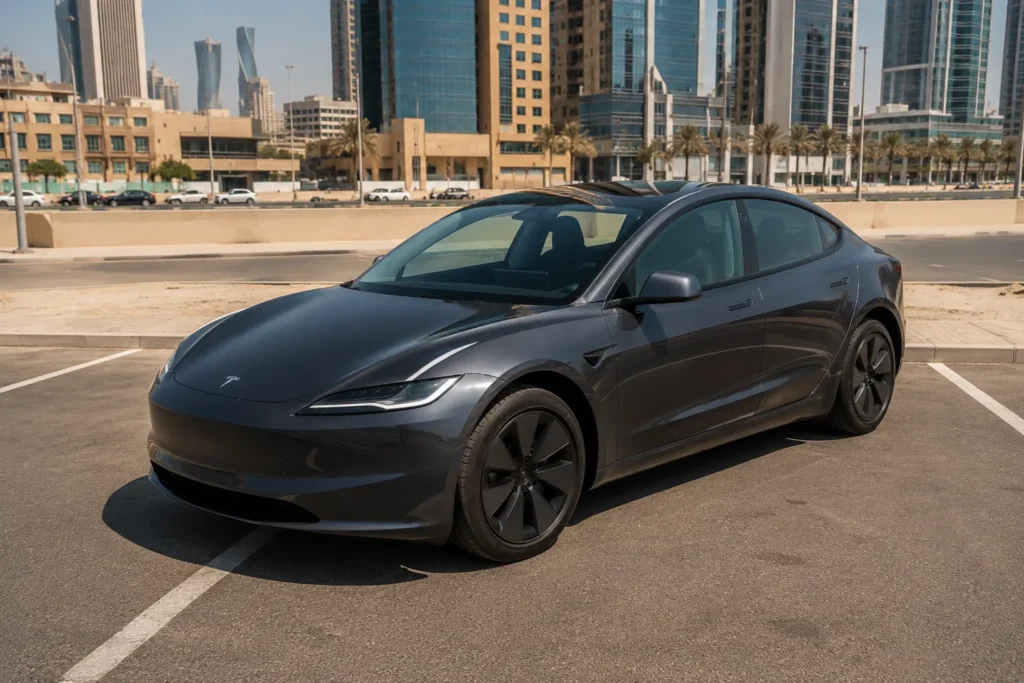 Tesla Model 3 متوقفة في أجواء صيفية حارة بالخليج