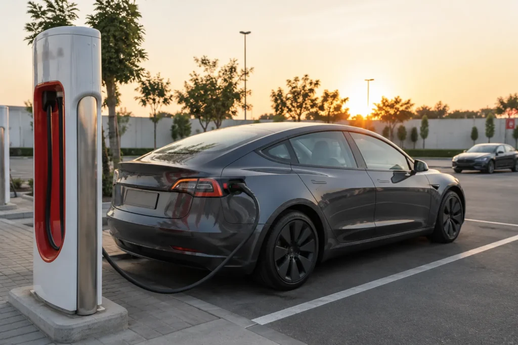 Tesla Model 3 أثناء الشحن في محطة Supercharger