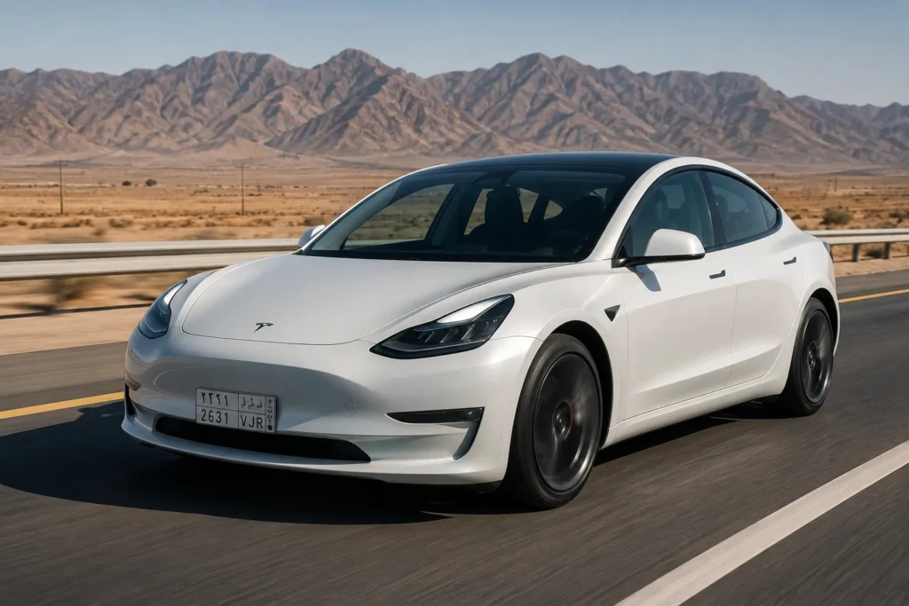سيارة Tesla Model 3 أثناء القيادة على طريق سريع في السعودية لإبراز تصميمها وكفاءتها