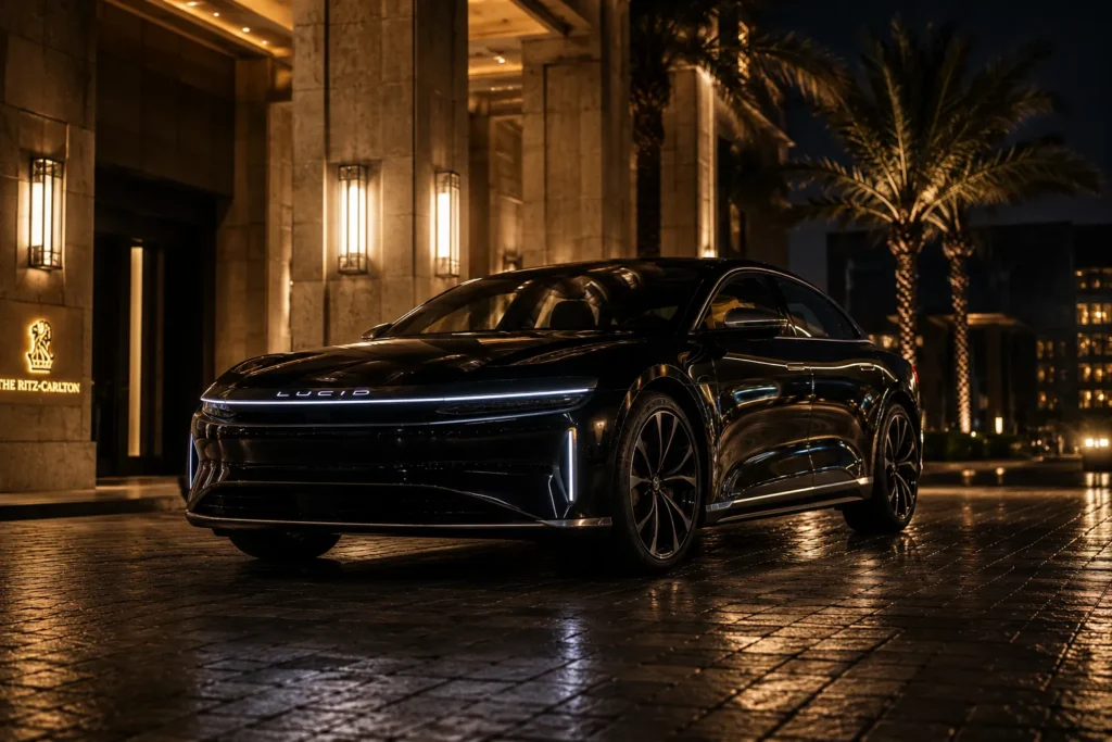 سيارة Lucid Air الفاخرة متوقفة أمام فندق راقٍ مع إبراز التصميم والانسيابية