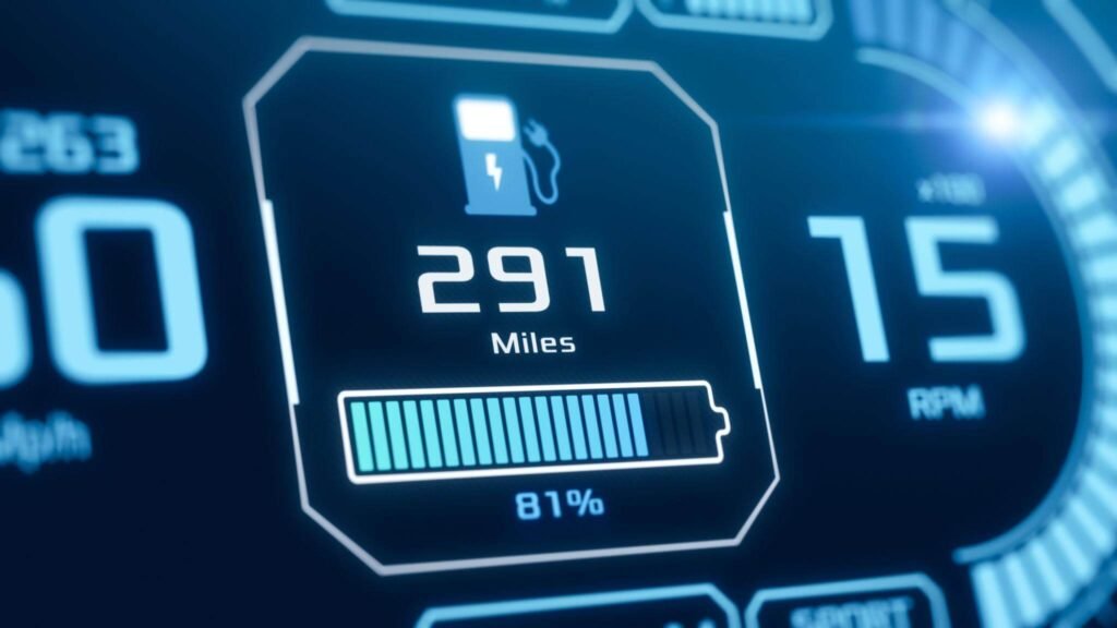 لوحة عدادات SUV كهربائية تعرض المدى المتبقي مع تشغيل التكييف في أجواء حارة.