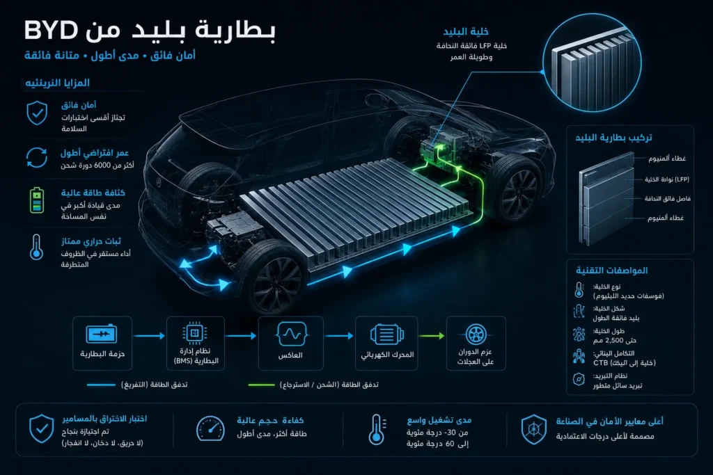 شرح تقنية بطارية Blade Battery من BYD في السيارات الكهربائية مع توضيح الأمان والكفاءة