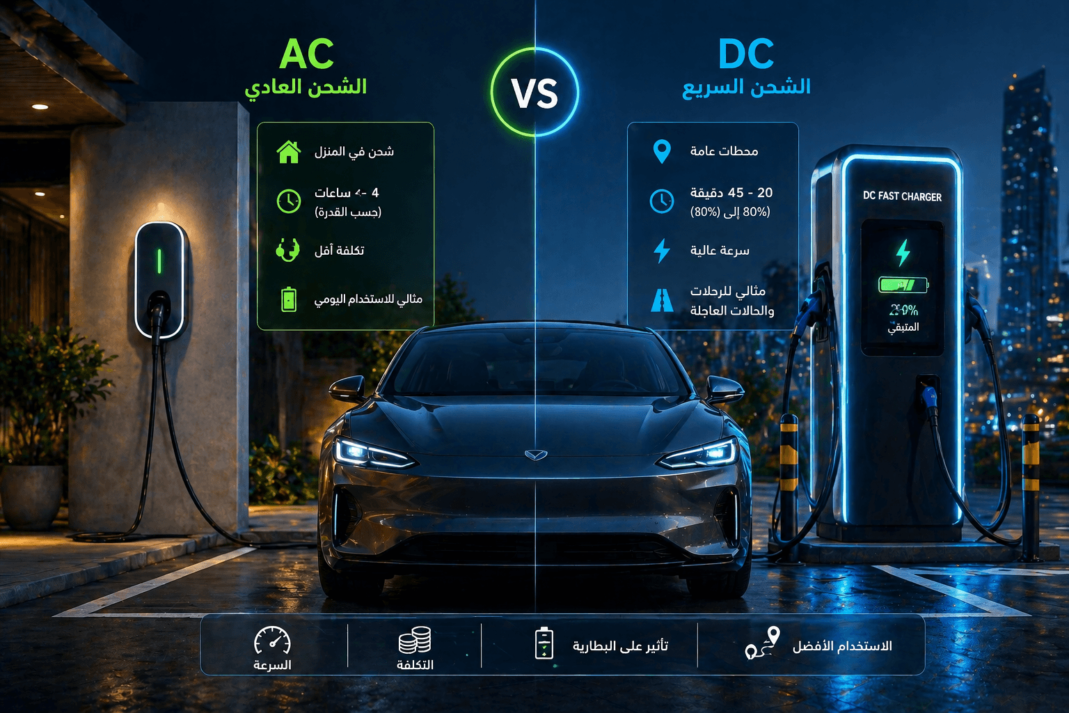 سيارة كهربائية حديثة تقف بين شاحن منزلي AC وشاحن سريع DC في مشهد يوضح الفرق بين الشحن العادي والشحن السريع للسيارات الكهربائية.