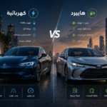 سيارة كهربائية وسيارة هايبرد متوقفتان جنباً إلى جنب للمقارنة بين التقنيتين.