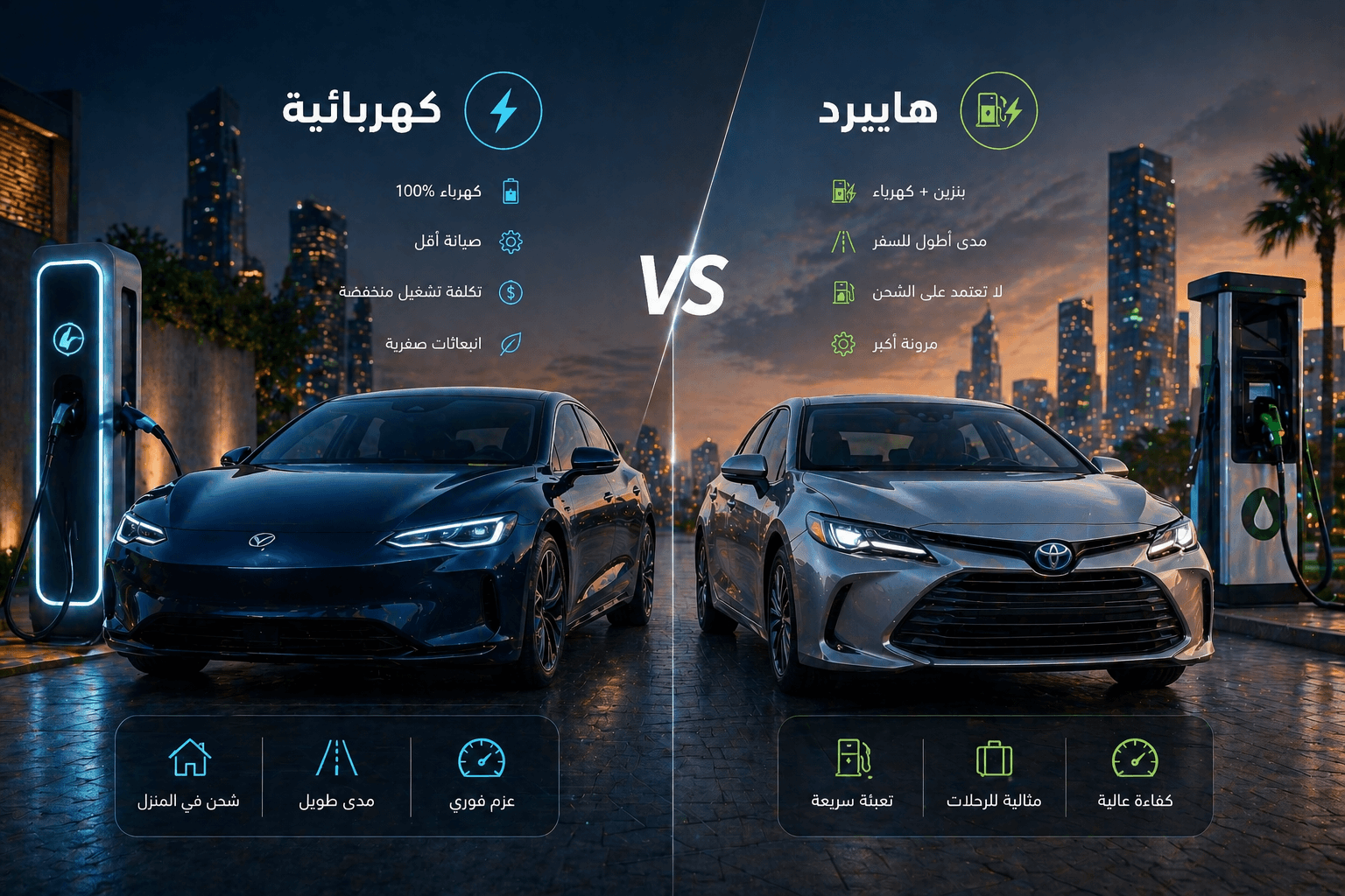 سيارة كهربائية وسيارة هايبرد متوقفتان جنباً إلى جنب للمقارنة بين التقنيتين.