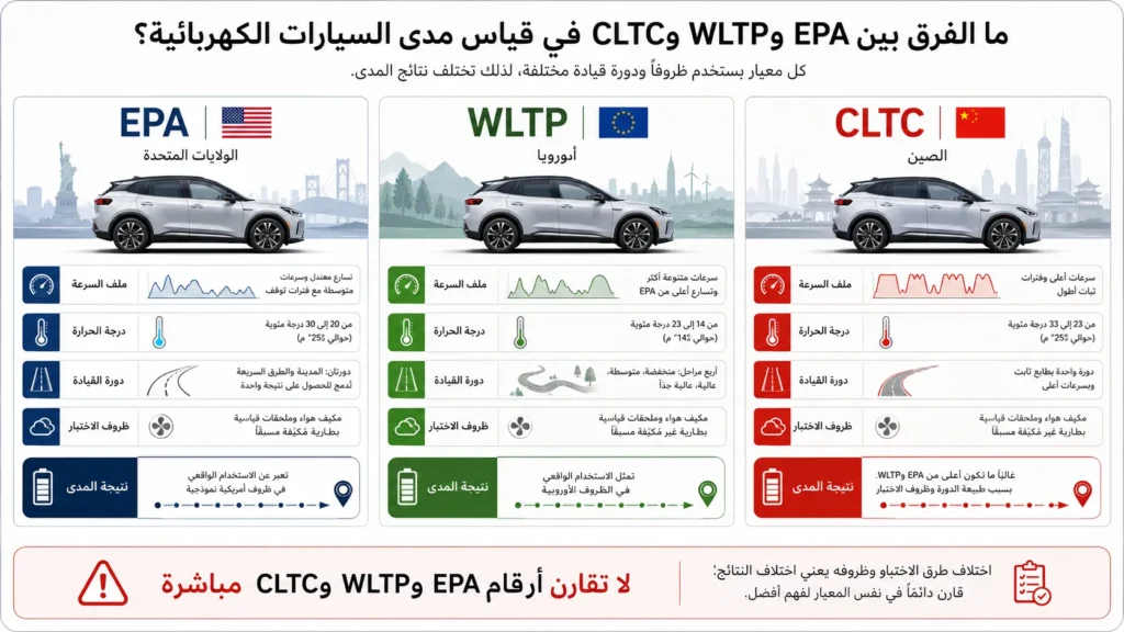 مقارنة معايير EPA وWLTP وCLTC لقياس مدى السيارات الكهربائية