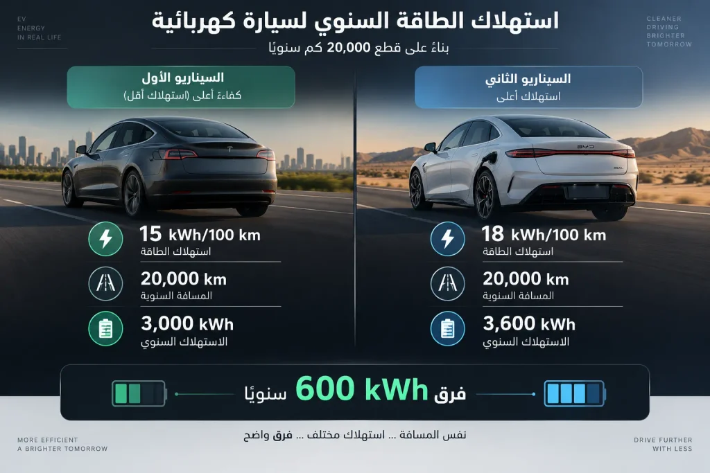 مقارنة استهلاك الطاقة السنوي لسيارة كهربائية عند قطع 20 ألف كيلومتر