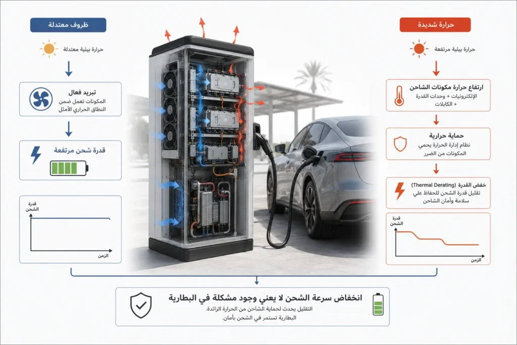 مخطط يوضح خفض قدرة شحن السيارة الكهربائية بسبب ارتفاع الحرارة