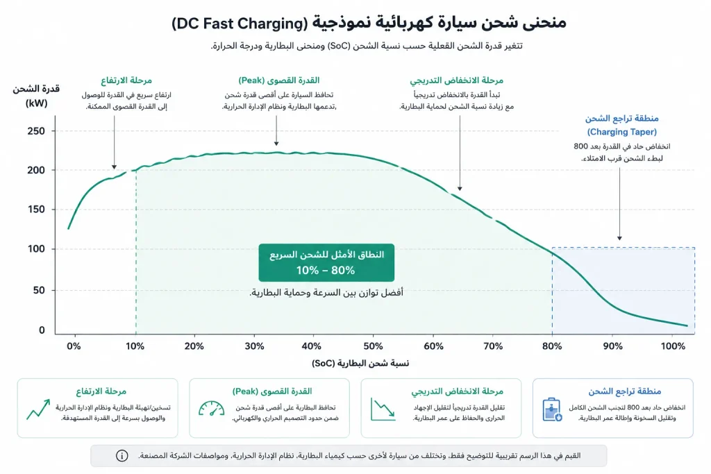 منحنى يوضح انخفاض قدرة شحن السيارة الكهربائية مع ارتفاع نسبة البطارية وخاصة بعد 80%