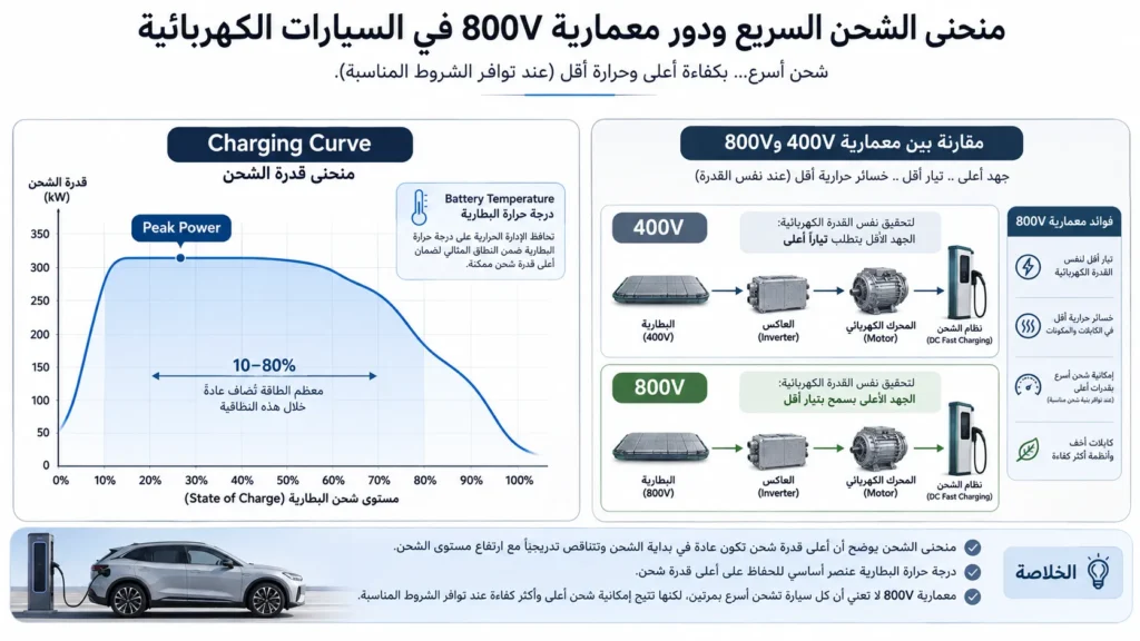 منحنى شحن السيارة الكهربائية ومقارنة تقنية 400 فولت و800 فولت