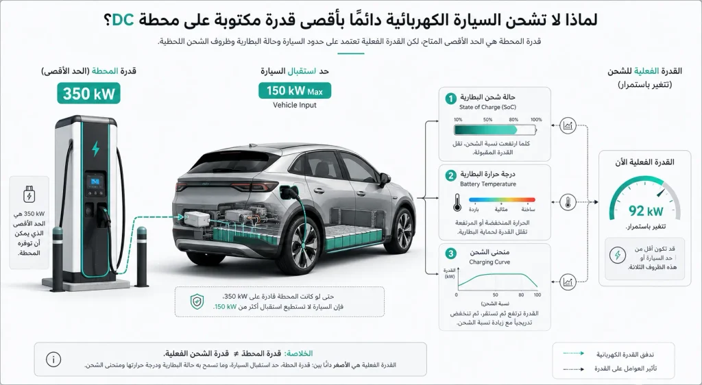 مخطط يوضح الفرق بين قدرة محطة الشحن وقدرة السيارة والقدرة الفعلية للشحن