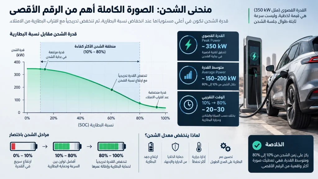 إنفوجرافيك يوضح منحنى شحن السيارة الكهربائية وانخفاض قدرة الشحن تدريجيًا مع ارتفاع مستوى شحن البطارية