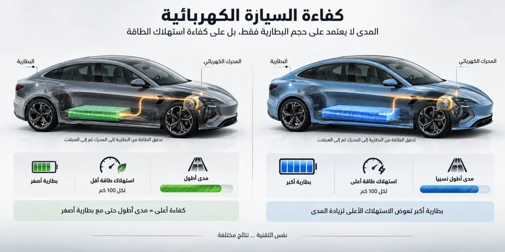 رسم توضيحي يشرح العلاقة بين كفاءة السيارة الكهربائية وسعة البطارية والمدى
