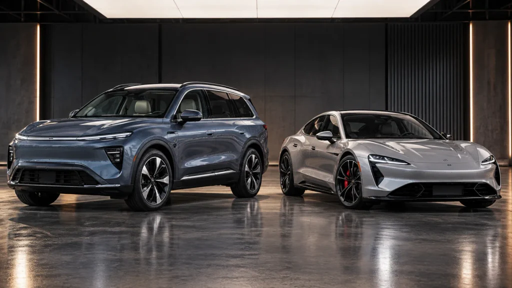مقارنة بصرية بين سيارة كهربائية عائلية SUV وسيارة كهربائية عالية الأداء توضح اختلاف التصميم والحجم ووضعية الهيكل والإطارات