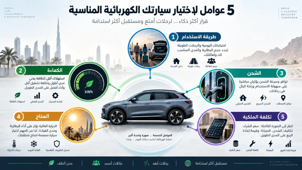إنفوجرافيك يوضح خمسة عوامل لاختيار السيارة الكهربائية الأنسب للعائلة والاستخدام اليومي وهي طريقة الاستخدام والكفاءة والشحن والمناخ وتكلفة الملكية