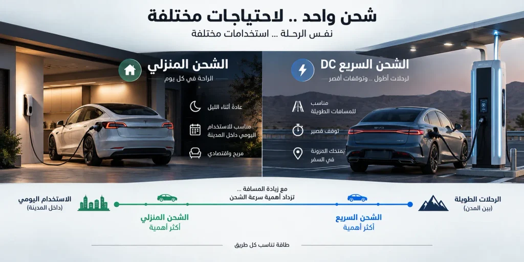 مقارنة بين الشحن المنزلي والشحن السريع DC للسيارات الكهربائية