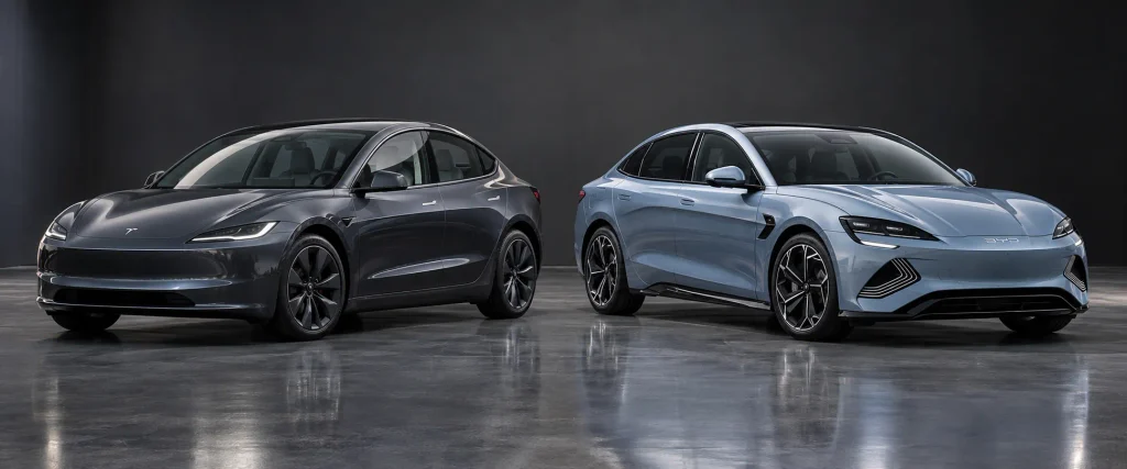 التصميم الخارجي لسيارتي Tesla Model 3 وBYD Seal من الجانب