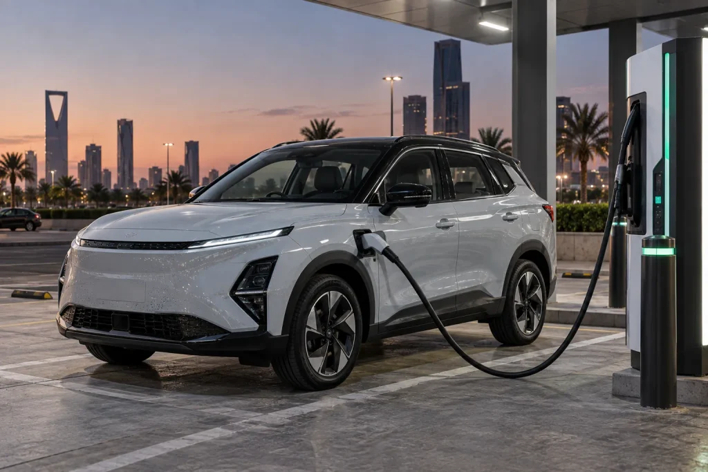Omoda E5 سيارة كهربائية أثناء الشحن السريع في السعودية