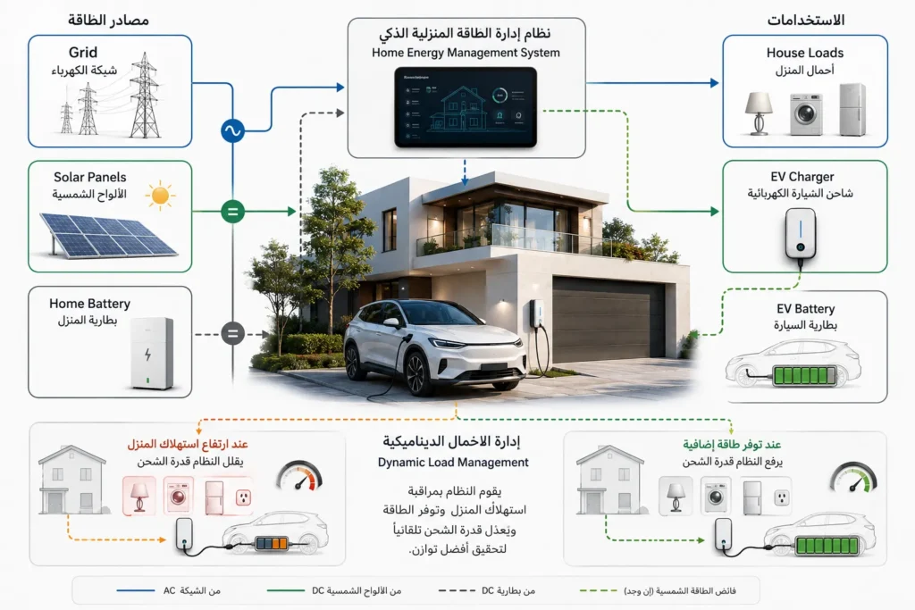 مخطط يوضح دمج شاحن السيارة الكهربائية مع الطاقة الشمسية وإدارة أحمال المنزل