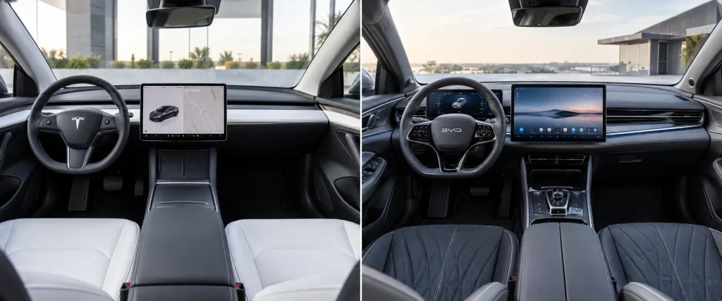 مقارنة المقصورة والشاشات والتقنيات الداخلية في Tesla Model 3 وBYD Seal