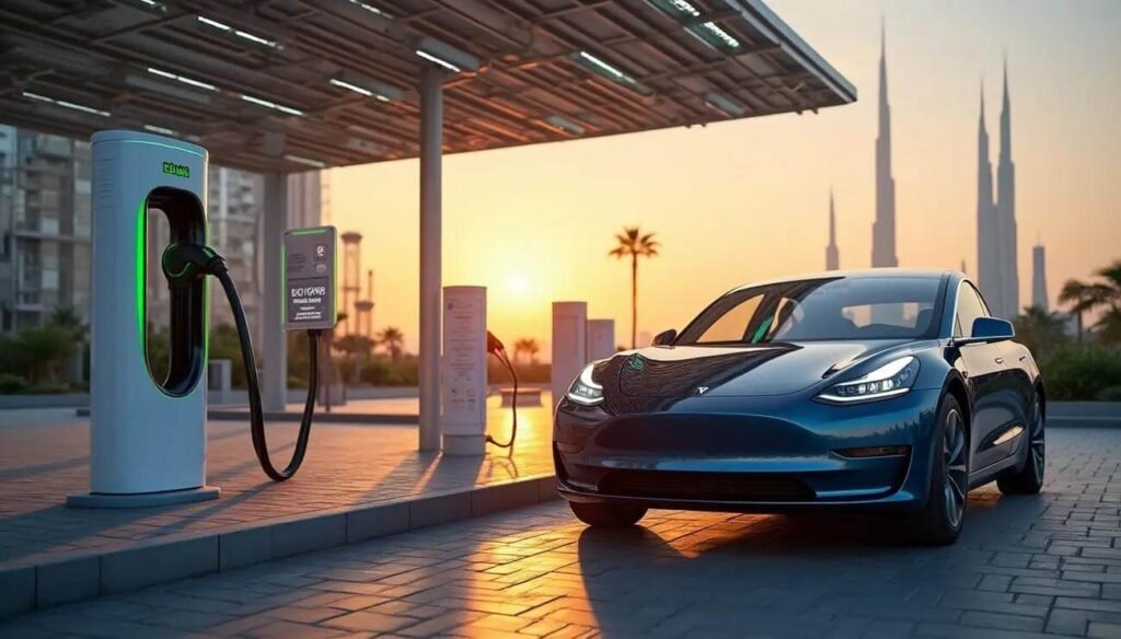 سيارة Tesla Model 3 أثناء الشحن في محطة حديثة بمدينة شرق أوسطية.
