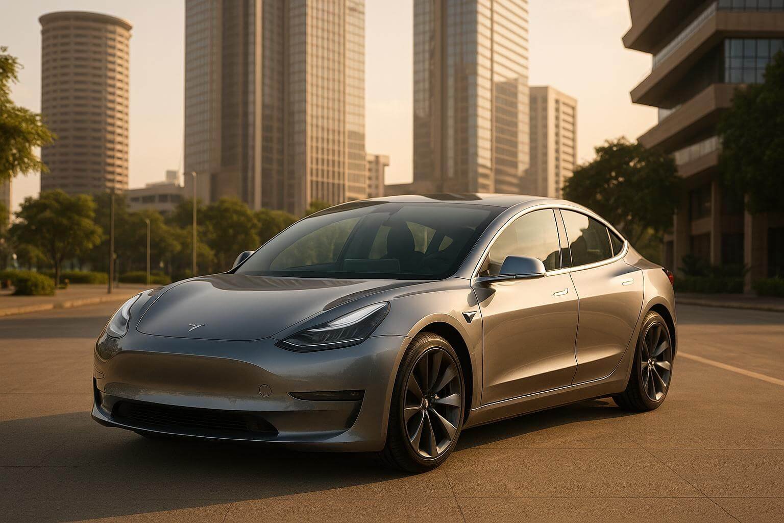سيارة Tesla Model 3 متوقفة في مدينة حديثة بالشرق الأوسط تمثل مراجعة الشراء في الأسواق العربية.