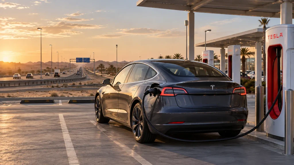 Tesla Model 3 أثناء الشحن في محطة Supercharger خلال رحلة في الخليج
