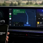 سيارة حديثة مزودة بشاشة معلومات وترفيه كبيرة تعرض واجهة Android Auto بملء الشاشة مع خرائط Google وأدوات الموسيقى والطقس، بينما يظهر هاتف ذكي يحمل شعار Android Auto داخل المقصورة.