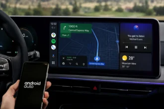 سيارة حديثة مزودة بشاشة معلومات وترفيه كبيرة تعرض واجهة Android Auto بملء الشاشة مع خرائط Google وأدوات الموسيقى والطقس، بينما يظهر هاتف ذكي يحمل شعار Android Auto داخل المقصورة.