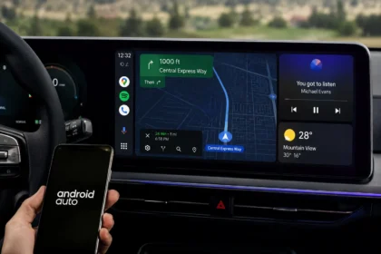 سيارة حديثة مزودة بشاشة معلومات وترفيه كبيرة تعرض واجهة Android Auto بملء الشاشة مع خرائط Google وأدوات الموسيقى والطقس، بينما يظهر هاتف ذكي يحمل شعار Android Auto داخل المقصورة.