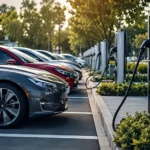 سيارات كهربائية اقتصادية حديثة أثناء الشحن السريع في محطة EV متطورة ضمن دليل أفضل السيارات الكهربائية الاقتصادية.