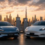 مقارنة بصرية بين سيارة كهربائية صينية وأخرى أمريكية أمام محطات شحن حديثة في مدينة مستقبلية، تعكس التنافس في الجودة والتقنيات بين شركات EV العالمية.