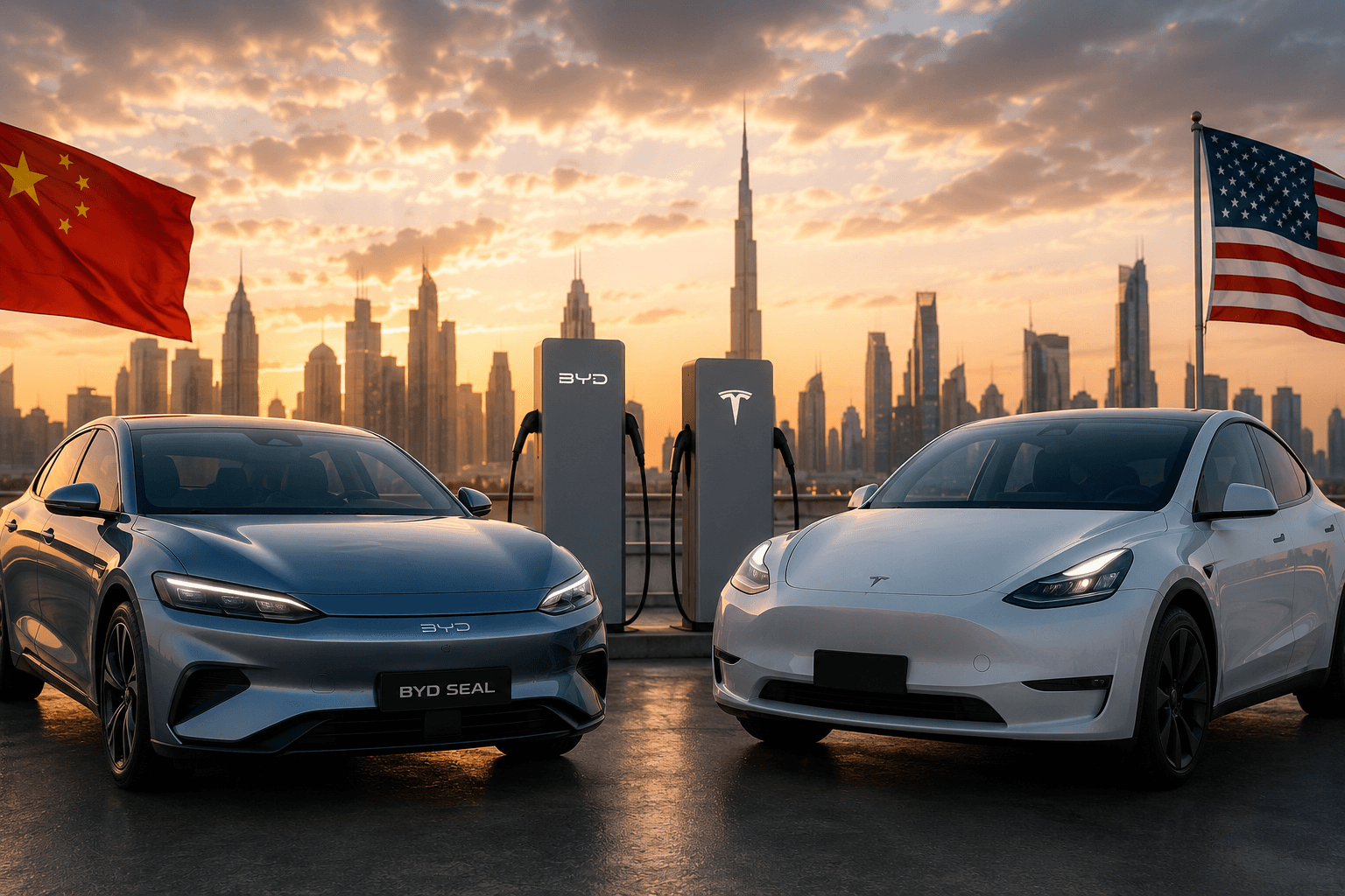 مقارنة بصرية بين سيارة كهربائية صينية وأخرى أمريكية أمام محطات شحن حديثة في مدينة مستقبلية، تعكس التنافس في الجودة والتقنيات بين شركات EV العالمية.