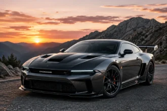 سيارة Dodge Copperhead الرياضية بتصميم هجومي مستوحى من فايبر، متوقفة على طريق جبلي وقت الغروب في صورة واقعية تعكس قوة سيارات العضلات الأمريكية الحديثة.