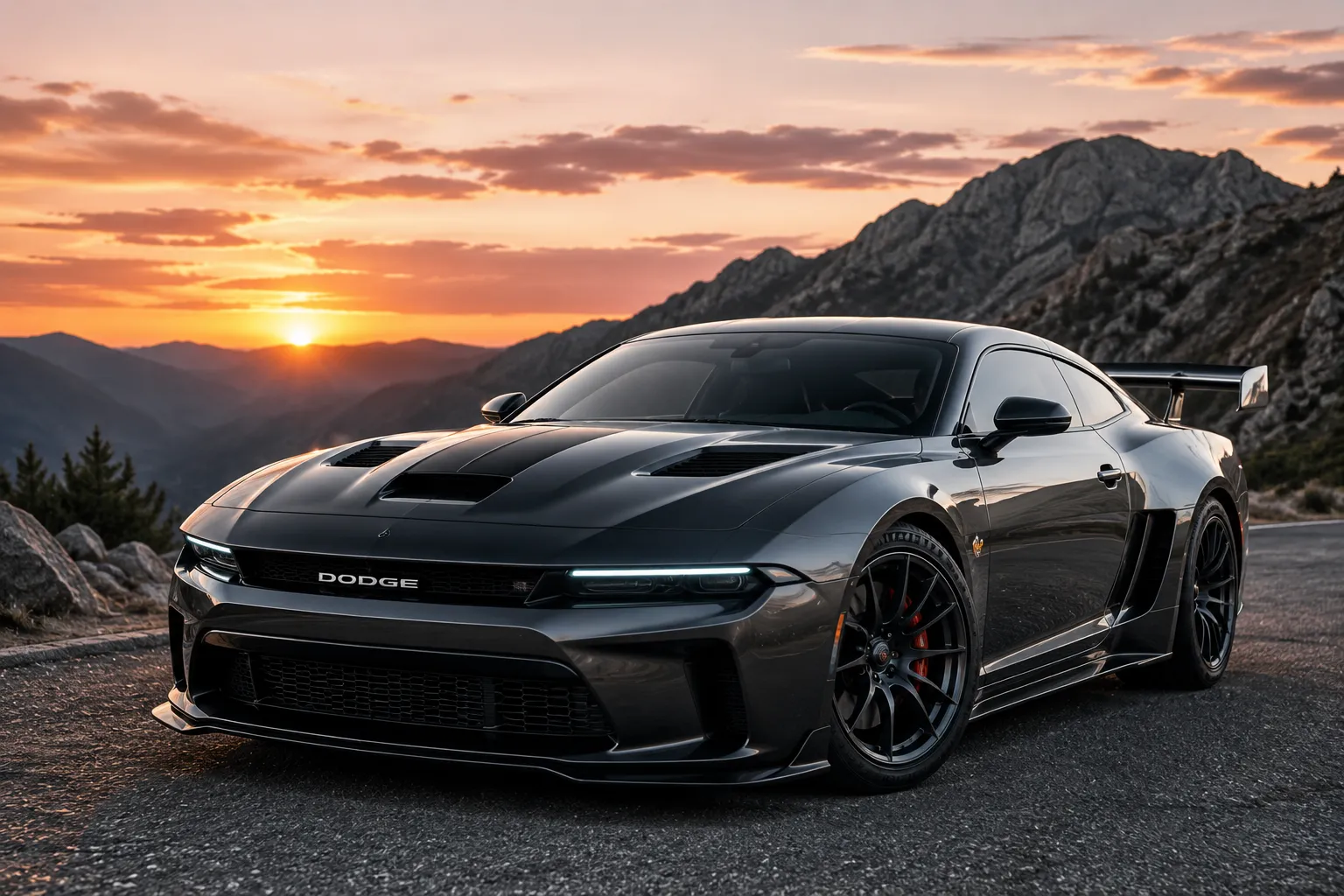 سيارة Dodge Copperhead الرياضية بتصميم هجومي مستوحى من فايبر، متوقفة على طريق جبلي وقت الغروب في صورة واقعية تعكس قوة سيارات العضلات الأمريكية الحديثة.