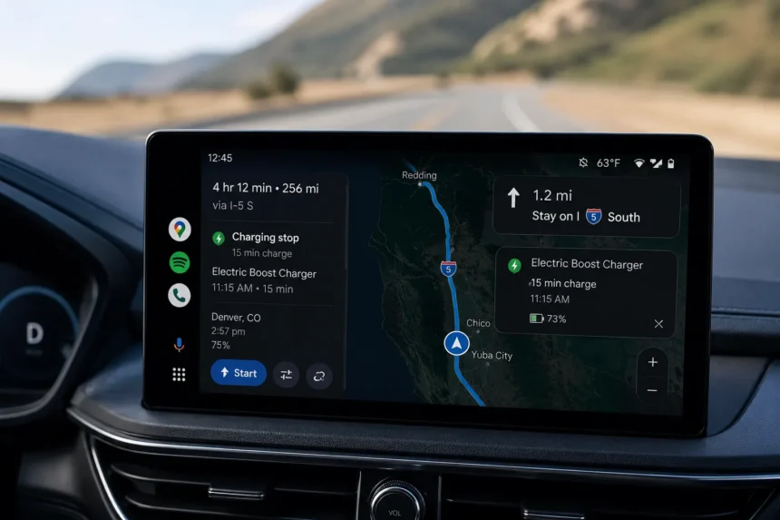 خرائط Google على شاشة Android Auto داخل سيارة كهربائية تعرض مسار رحلة طويل مع محطة شحن مقترحة ومستوى البطارية المتوقع أثناء القيادة.