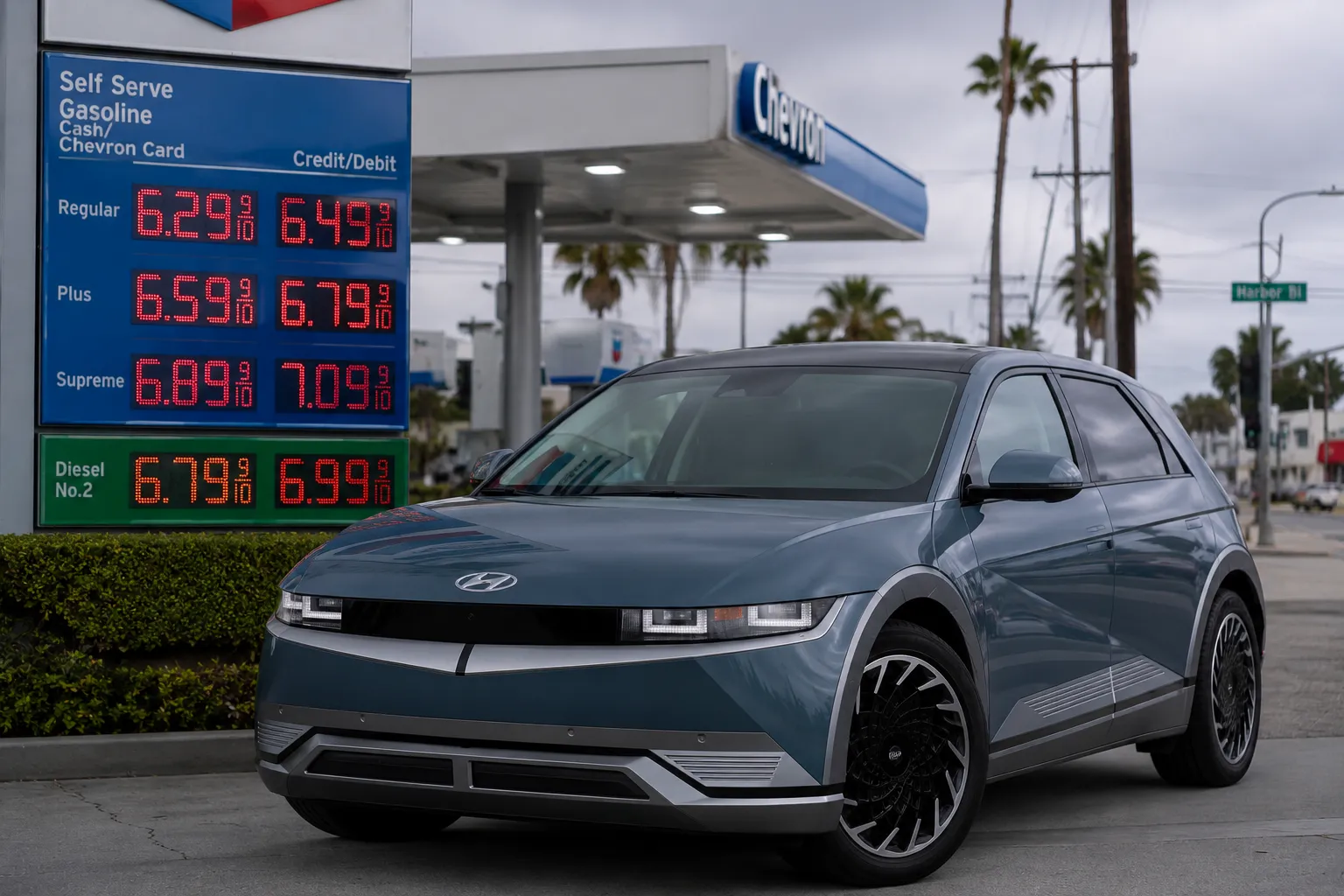 سيارة هيونداي Ioniq 5 الكهربائية متوقفة بجوار محطة وقود تعرض أسعار بنزين مرتفعة، في مشهد يعكس توجه المستهلكين نحو السيارات الكهربائية بسبب أزمة الوقود.