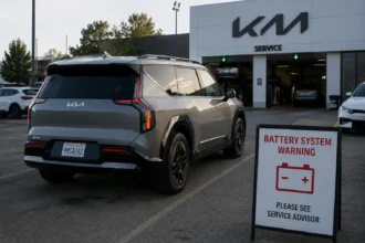 سيارة Kia EV9 كهربائية أمام مركز صيانة بعد ظهور تحذير متعلق بنظام البطارية، في مشهد يعكس مخاوف الاعتمادية لدى بعض ملاك السيارات الكهربائية.