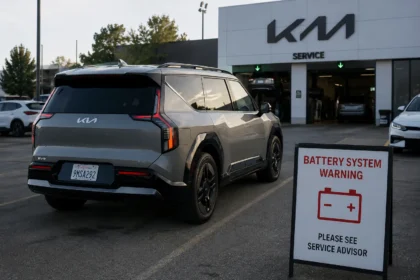 سيارة Kia EV9 كهربائية أمام مركز صيانة بعد ظهور تحذير متعلق بنظام البطارية، في مشهد يعكس مخاوف الاعتمادية لدى بعض ملاك السيارات الكهربائية.