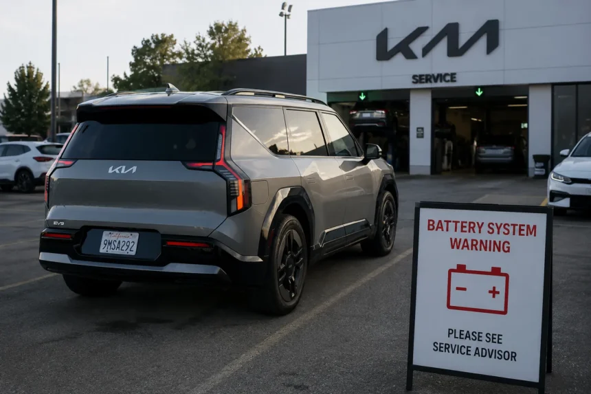 سيارة Kia EV9 كهربائية أمام مركز صيانة بعد ظهور تحذير متعلق بنظام البطارية، في مشهد يعكس مخاوف الاعتمادية لدى بعض ملاك السيارات الكهربائية.