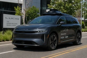 سيارة Lucid Gravity ذاتية القيادة أثناء اختبارات الروبوتاكسي في كاليفورنيا ضمن شراكة تجمع Lucid وNuro وUber لتطوير خدمات النقل الذكية.