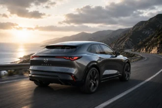 سيارة مازدا SUV حديثة بتصميم أنيق على طريق جبلي، ترمز إلى مستقبل مازدا في عالم السيارات الكهربائية والتحديات التي تواجه الشركة في سباق التحول الكهربائي.