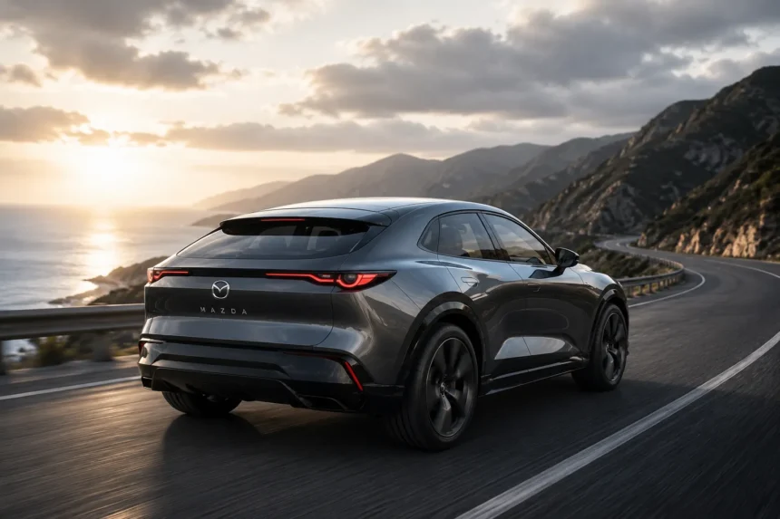 سيارة مازدا SUV حديثة بتصميم أنيق على طريق جبلي، ترمز إلى مستقبل مازدا في عالم السيارات الكهربائية والتحديات التي تواجه الشركة في سباق التحول الكهربائي.