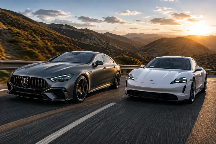 سيارتا مرسيدس AMG GT الكهربائية وبورشه تايكان أثناء مقارنة أداء على طريق جبلي، في صورة احترافية تعكس قوة السيارات الكهربائية الرياضية الفاخرة.