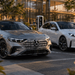 سيارتا مرسيدس C-Class الكهربائية وBMW i3 أحدث موديل متوقفتان أمام محطة شحن كهربائي في بيئة عصرية فاخرة وقت الغروب ضمن مقارنة بين أفخم سيارات السيدان الكهربائية الألمانية